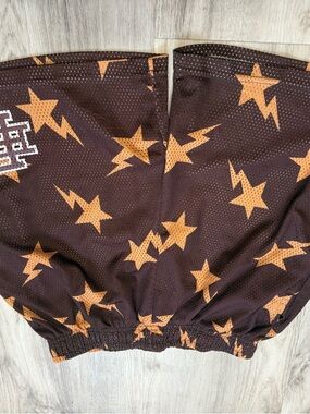 EE DESIGNER Brown Star Print Athletic Shorts with Orange Stars (fits small)